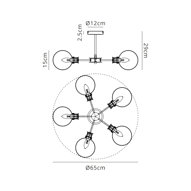 Idolite Haughton IP Semi Ceiling, 5 x E14 With 15cm Round Glass Shade, Brass, Amber Plated & Satin Black