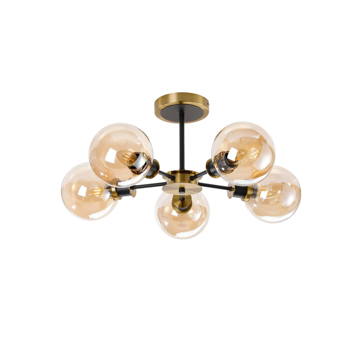 Idolite Haughton IP Semi Ceiling, 5 x E14 With 15cm Round Glass Shade, Brass, Amber Plated & Satin Black