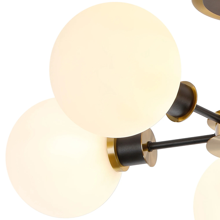 Idolite Haughton IP Semi Ceiling, 5 x E14 With 15cm Round Glass Shade, Brass, Opal & Satin Black