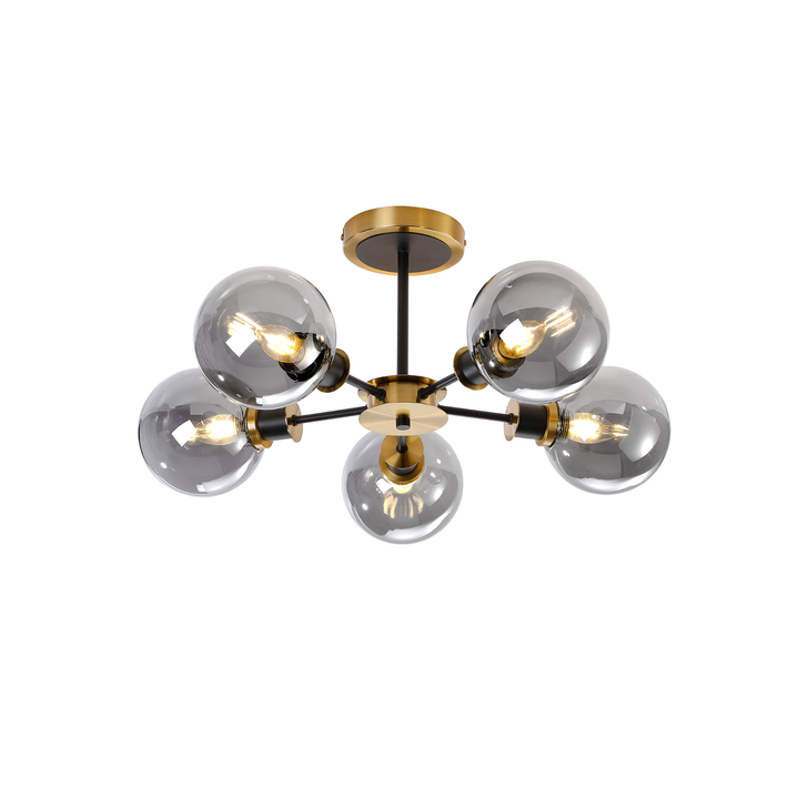 Idolite Haughton IP Semi Ceiling, 5 x E14 With 15cm Round Glass Shade, Brass, Smoke Plated & Satin Black