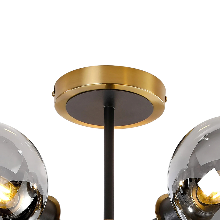 Idolite Haughton IP Semi Ceiling, 5 x E14 With 15cm Round Glass Shade, Brass, Smoke Plated & Satin Black