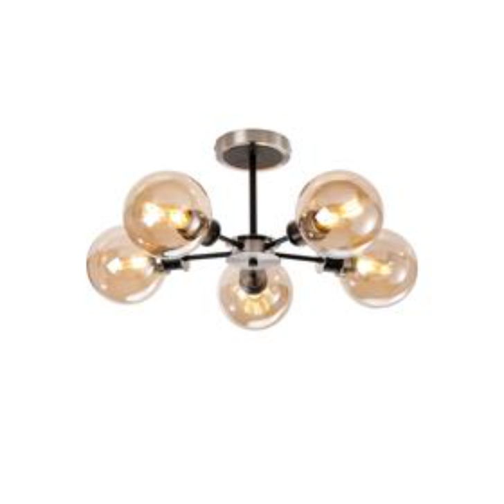 Idolite Haughton IP Semi Ceiling, 5 x E14 With 15cm Round Glass Shade, Satin Nickel, Amber Plated & Satin Black