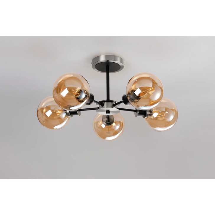 Idolite Haughton IP Semi Ceiling, 5 x E14 With 15cm Round Glass Shade, Satin Nickel, Amber Plated & Satin Black