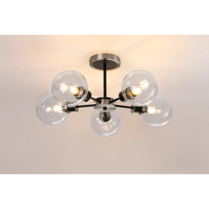 Idolite Haughton IP Semi Ceiling, 5 x E14 With 15cm Round Glass Shade, Satin Nickel, Clear & Satin Black