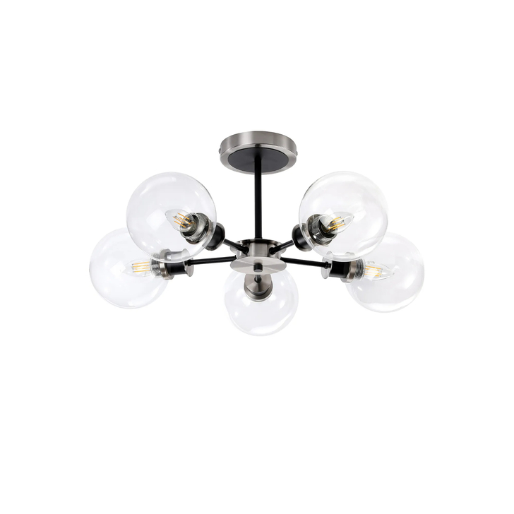 Idolite Haughton IP Semi Ceiling, 5 x E14 With 15cm Round Glass Shade, Satin Nickel, Clear & Satin Black
