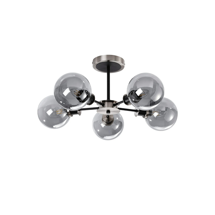 Idolite Haughton IP Semi Ceiling, 5 x E14 With 15cm Round Glass Shade, Satin Nickel, Smoke Plated & Satin Black