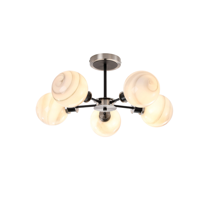 Idolite Haughton IP Semi Ceiling, 5 x E14 With 15cm Round Marble Effect Glass Shade, Satin Nickel, White & Satin Black