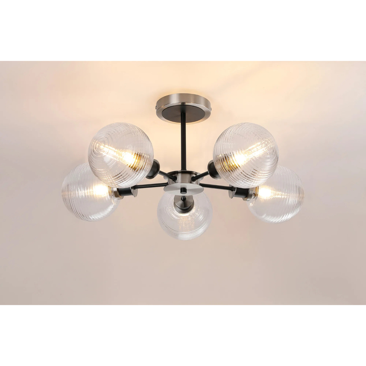 Idolite Haughton IP Semi Ceiling, 5 x E14 With 15cm Round Ribbed Glass Shade, Satin Nickel, Clear & Satin Black
