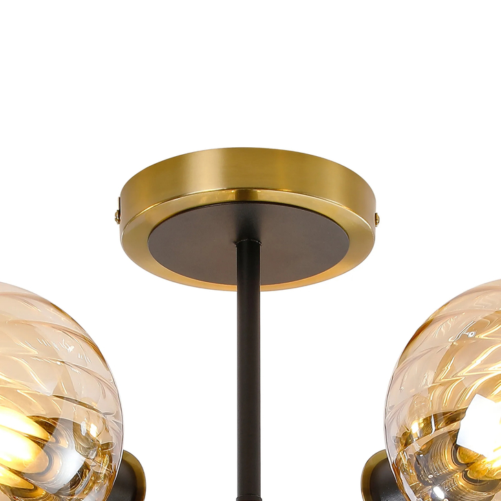 Idolite Haughton IP Semi Ceiling, 5 x E14 With 15cm Round Segment Glass Shade, Brass, Amber Plated & Satin Black