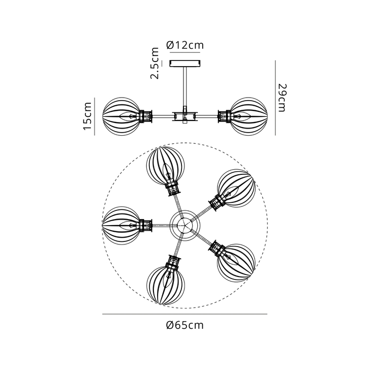 Idolite Haughton IP Semi Ceiling, 5 x E14 With 15cm Round Segment Glass Shade, Satin Nickel, Smoke Plated & Satin Black