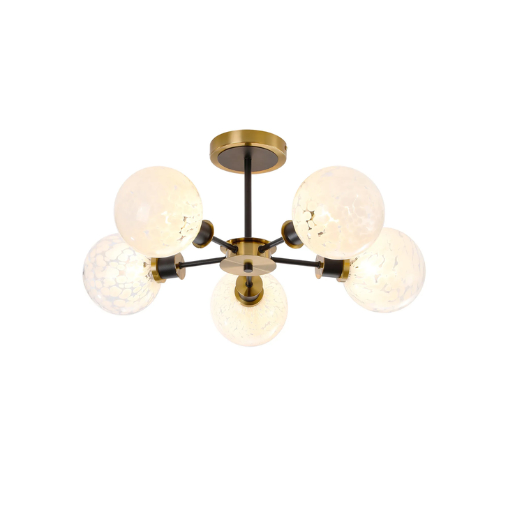 Idolite Haughton IP Semi Ceiling, 5 x E14 With 15cm Round Speckled Glass Shade, Brass, White & Satin Black