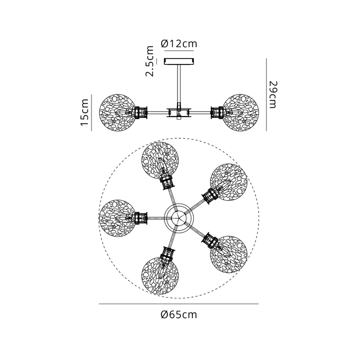 Idolite Haughton IP Semi Ceiling, 5 x E14 With 15cm Round Speckled Glass Shade, Satin Nickel, White & Satin Black