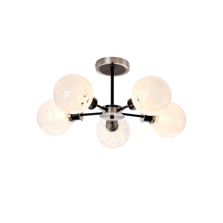 Idolite Haughton IP Semi Ceiling, 5 x E14 With 15cm Round Speckled Glass Shade, Satin Nickel, White & Satin Black