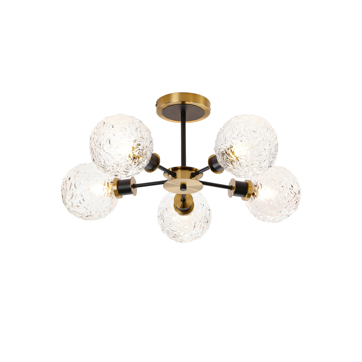 Idolite Haughton IP Semi Ceiling, 5 x E14 With 15cm Round Textured Crumple Glass Shade, Brass, Clear & Satin Black
