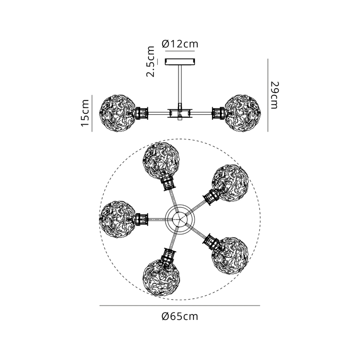 Idolite Haughton IP Semi Ceiling, 5 x E14 With 15cm Round Textured Crumple Glass Shade, Satin Nickel, Clear & Satin Black