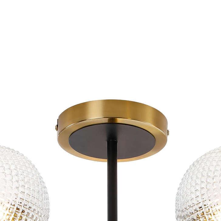 Idolite Haughton IP Semi Ceiling, 5 x E14 With 15cm Round Textured Diamond Pattern Glass Shade, Brass, Clear & Satin Black