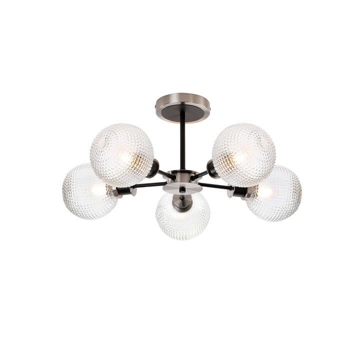 Idolite Haughton IP Semi Ceiling, 5 x E14 With 15cm Round Textured Diamond Pattern Glass Shade, Satin Nickel, Clear & Satin Black