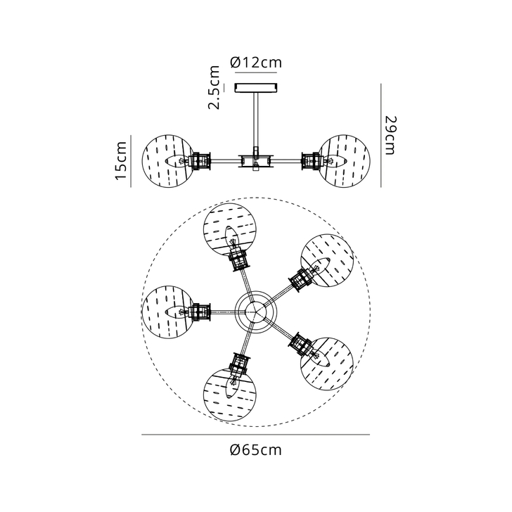 Idolite Haughton IP Semi Ceiling, 5 x E14 With 15cm Round Textured Melting Glass Shade, Brass, Clear & Satin Black