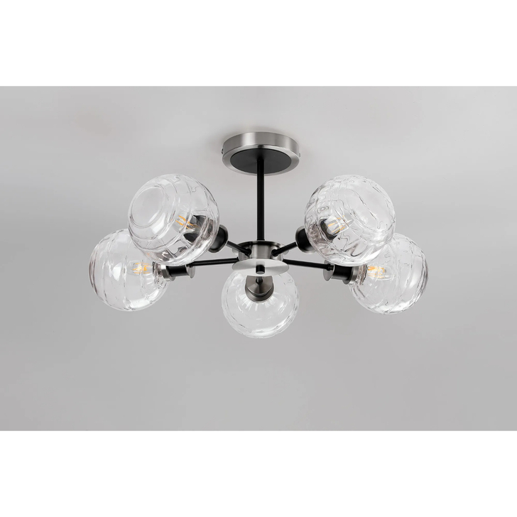 Idolite Haughton IP Semi Ceiling, 5 x E14 With 15cm Round Textured Melting Glass Shade, Satin Nickel, Clear & Satin Black