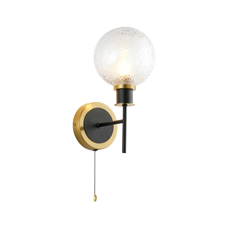 Idolite Haughton IP Switched Wall Light, 1 x E14 With 15cm Round Dimpled Glass Shade, Brass, Clear & Satin Black