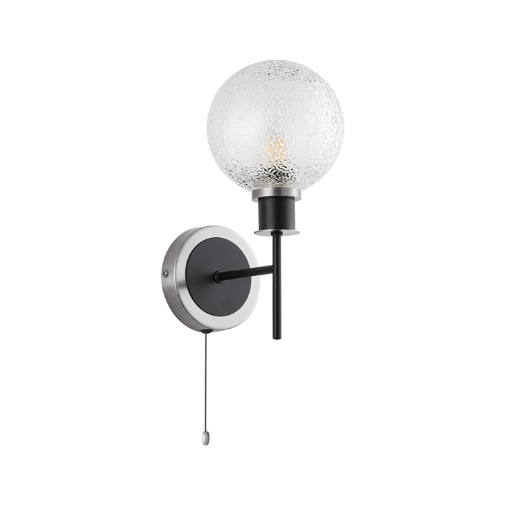 Idolite Haughton IP Switched Wall Light, 1 x E14 With 15cm Round Dimpled Glass Shade, Satin Nickel, Clear & Satin Black