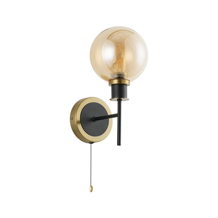 Idolite Haughton IP Switched Wall Light, 1 x E14 With 15cm Round Glass Shade, Brass, Amber Plated & Satin Black