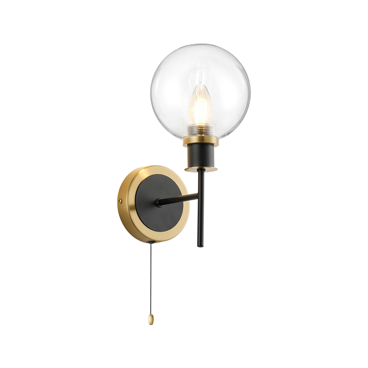 Idolite Haughton IP Switched Wall Light, 1 x E14 With 15cm Round Glass Shade, Brass, Clear & Satin Black