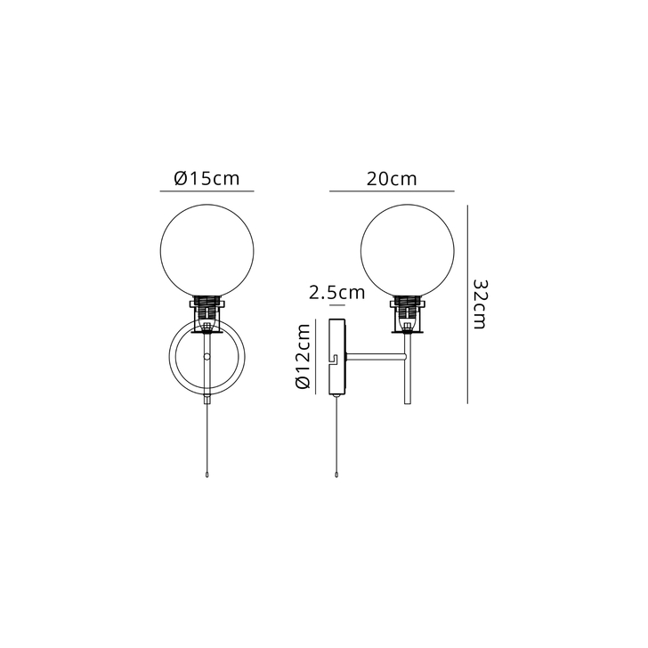 Idolite Haughton IP Switched Wall Light, 1 x E14 With 15cm Round Glass Shade, Brass, Opal & Satin Black