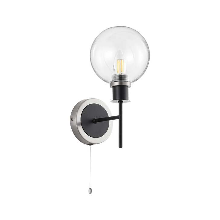 Idolite Haughton IP Switched Wall Light, 1 x E14 With 15cm Round Glass Shade, Satin Nickel, Clear & Satin Black