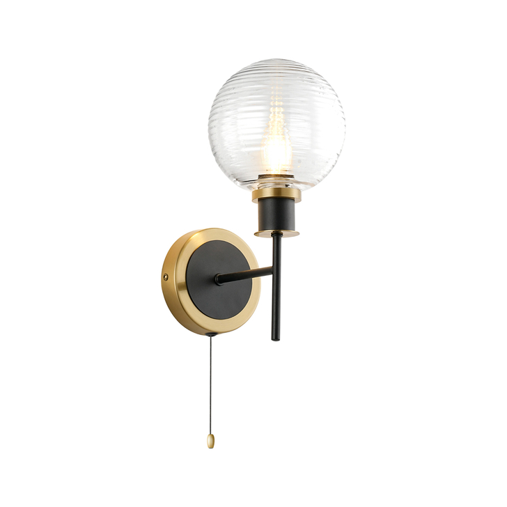 Idolite Haughton IP Switched Wall Light, 1 x E14 With 15cm Round Ribbed Glass Shade, Brass, Clear & Satin Black