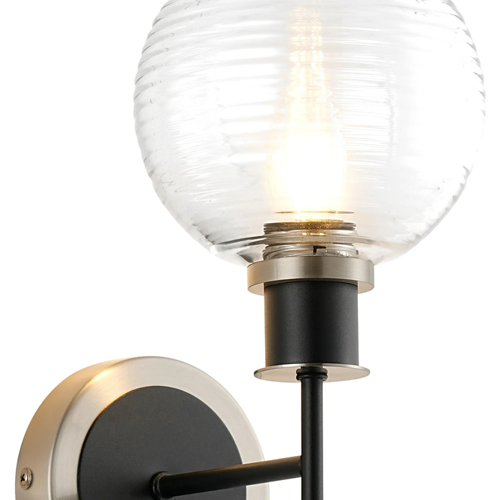 Idolite Haughton IP Switched Wall Light, 1 x E14 With 15cm Round Ribbed Glass Shade, Satin Nickel, Clear & Satin Black