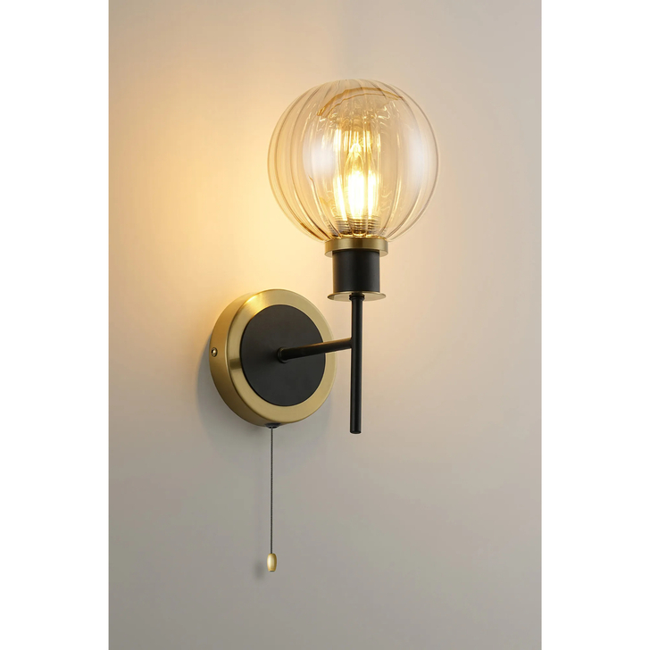 Idolite Haughton IP Switched Wall Light, 1 x E14 With 15cm Round Segment Glass Shade, Brass, Amber Plated & Satin Black