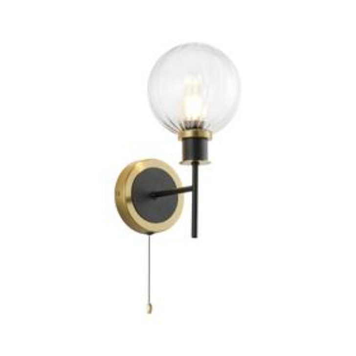 Idolite Haughton IP Switched Wall Light, 1 x E14 With 15cm Round Segment Glass Shade, Brass, Clear & Satin Black