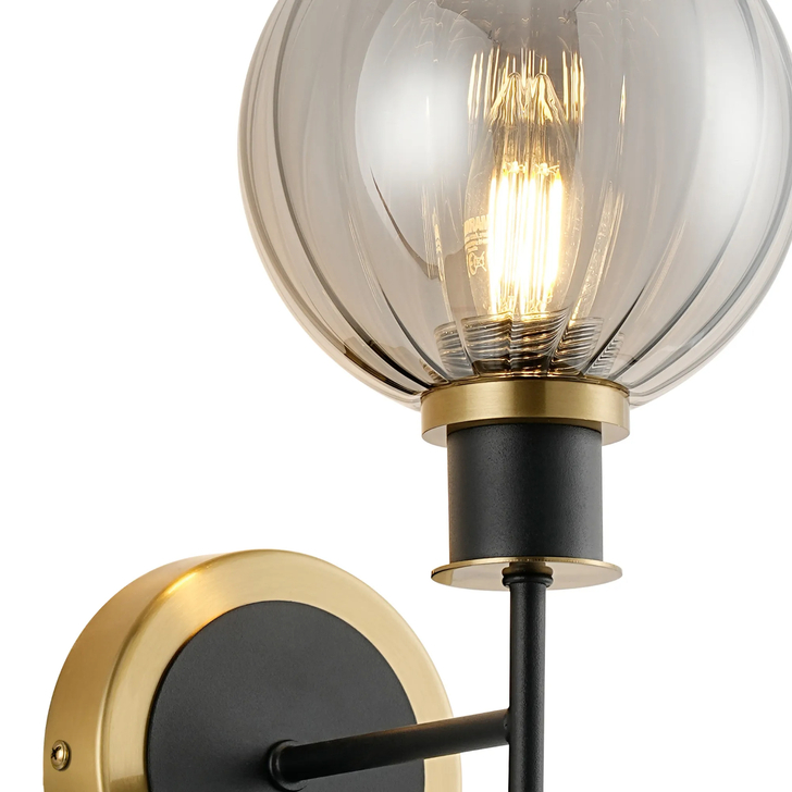 Idolite Haughton IP Switched Wall Light, 1 x E14 With 15cm Round Segment Glass Shade, Brass, Smoke Plated & Satin Black