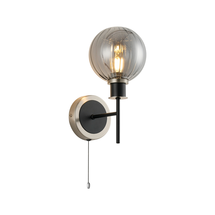 Idolite Haughton IP Switched Wall Light, 1 x E14 With 15cm Round Segment Glass Shade, Satin Nickel, Smoke Plated & Satin Black