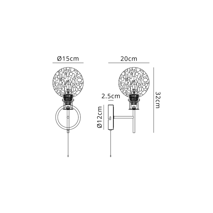 Idolite Haughton IP Switched Wall Light, 1 x E14 With 15cm Round Speckled Glass Shade, Brass, White & Satin Black