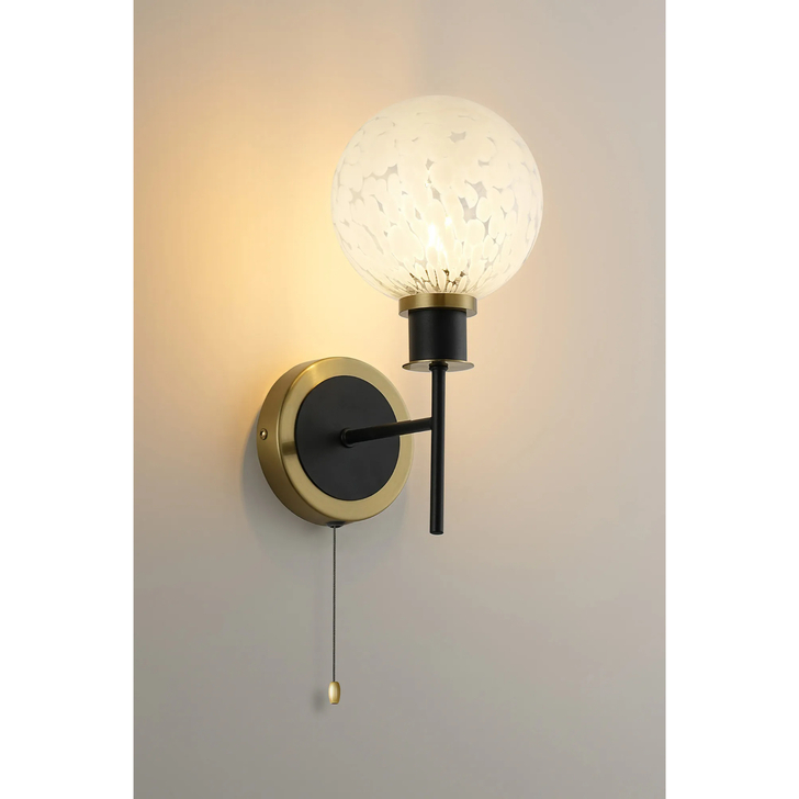 Idolite Haughton IP Switched Wall Light, 1 x E14 With 15cm Round Speckled Glass Shade, Brass, White & Satin Black