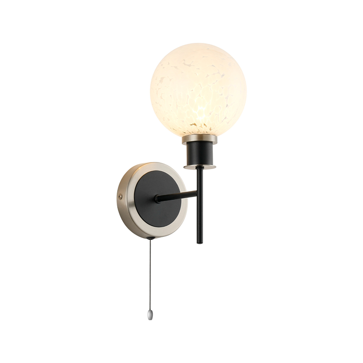 Idolite Haughton IP Switched Wall Light, 1 x E14 With 15cm Round Speckled Glass Shade, Satin Nickel, White & Satin Black