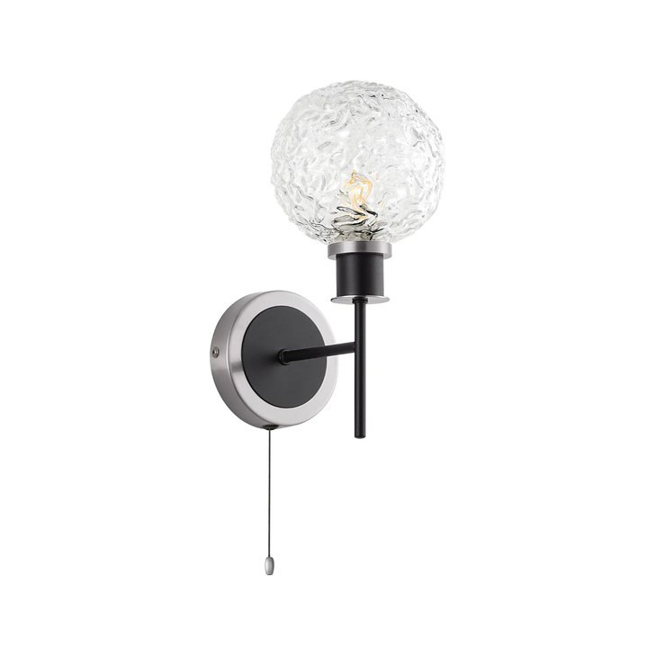 Idolite Haughton IP Switched Wall Light, 1 x E14 With 15cm Round Textured Crumple Glass Shade, Satin Nickel, Clear & Satin Black