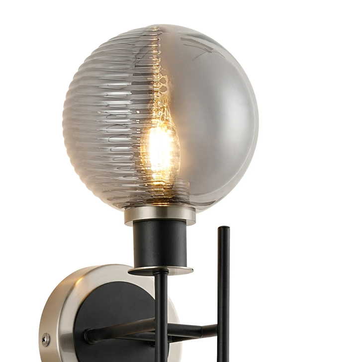 Idolite Haughton IP Switched Wall Light, 2 Light E14 IP44 With 15cm Round Double Textured Smooth/Ribbed Shade, Satin Nickel, Smoke Plated/Satin Black