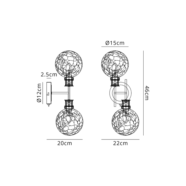 Idolite Haughton IP Switched Wall Light, 2 x E14 With 15cm Round Crackled Glass Shade, Brass, Clear & Satin Black