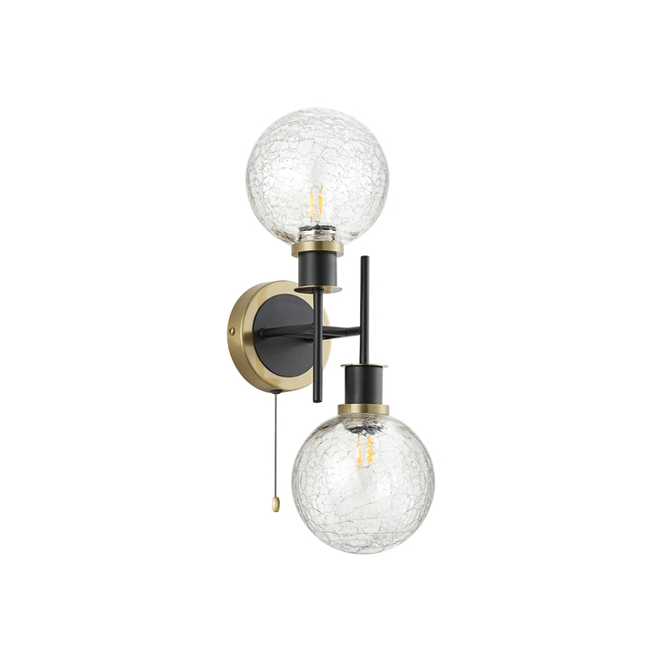 Idolite Haughton IP Switched Wall Light, 2 x E14 With 15cm Round Crackled Glass Shade, Brass, Clear & Satin Black
