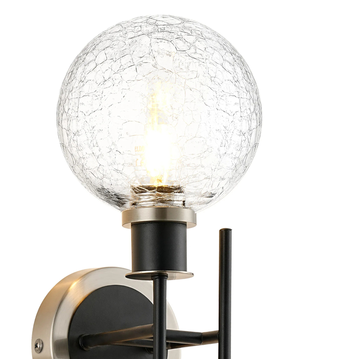 Idolite Haughton IP Switched Wall Light, 2 x E14 With 15cm Round Crackled Glass Shade, Satin Nickel, Clear & Satin Black