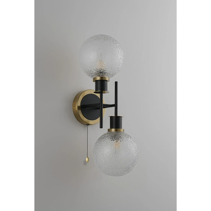 Idolite Haughton IP Switched Wall Light, 2 x E14 With 15cm Round Dimpled Glass Shade, Brass, Clear & Satin Black