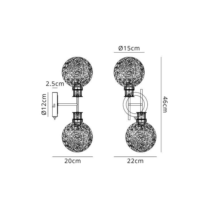 Idolite Haughton IP Switched Wall Light, 2 x E14 With 15cm Round Dimpled Glass Shade, Satin Nickel, Clear & Satin Black
