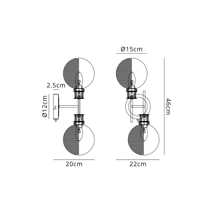 Idolite Haughton IP Switched Wall Light, 2 x E14 With 15cm Round Double Textured Smooth/Ribbed Glass Shade, Brass, Smoke Plated & Satin Black