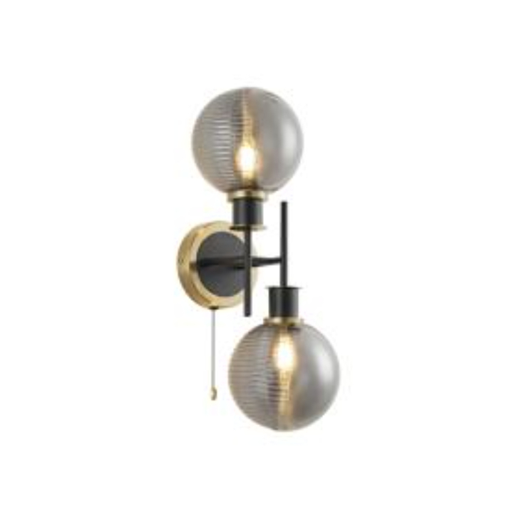 Idolite Haughton IP Switched Wall Light, 2 x E14 With 15cm Round Double Textured Smooth/Ribbed Glass Shade, Brass, Smoke Plated & Satin Black