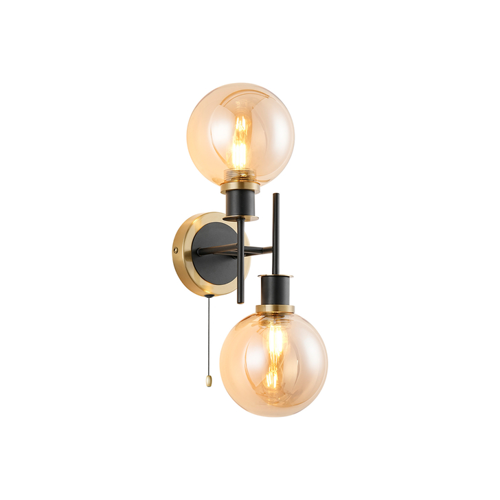 Idolite Haughton IP Switched Wall Light, 2 x E14 With 15cm Round Glass Shade, Brass, Amber Plated & Satin Black
