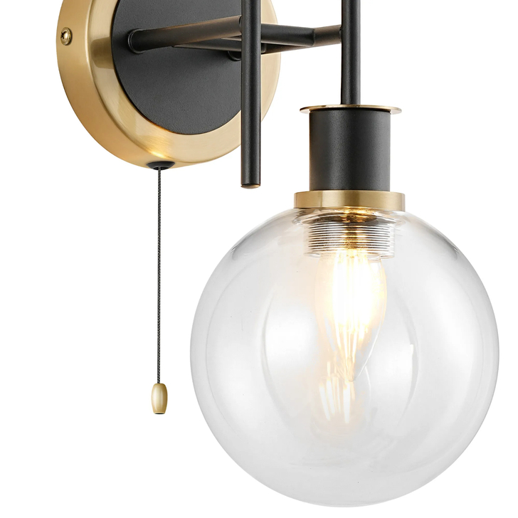 Idolite Haughton IP Switched Wall Light, 2 x E14 With 15cm Round Glass Shade, Brass, Clear & Satin Black