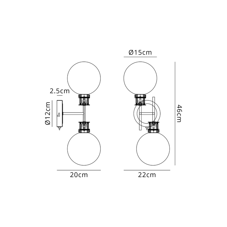 Idolite Haughton IP Switched Wall Light, 2 x E14 With 15cm Round Glass Shade, Brass, Opal & Satin Black